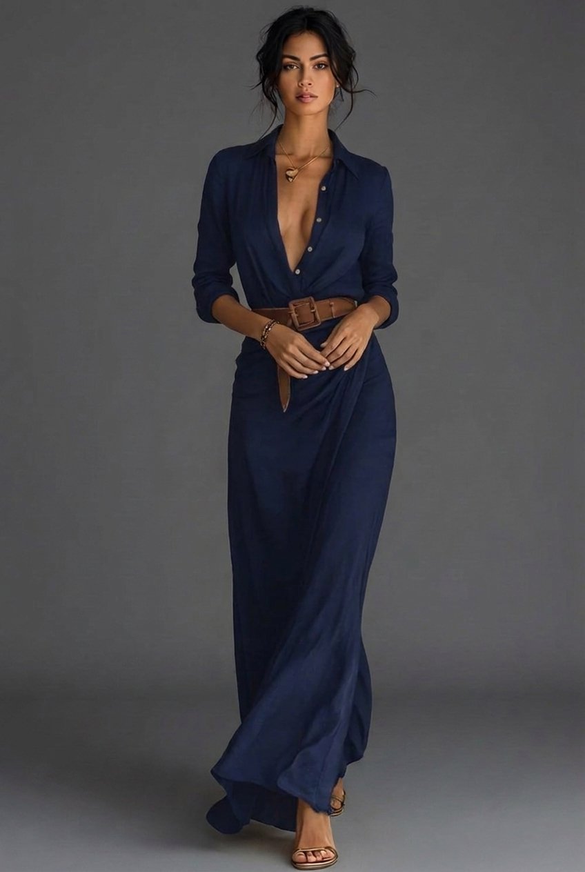 Effortless Maxi Dress for Women with V Neck Long Sleeve Belted Flowing Casual Style