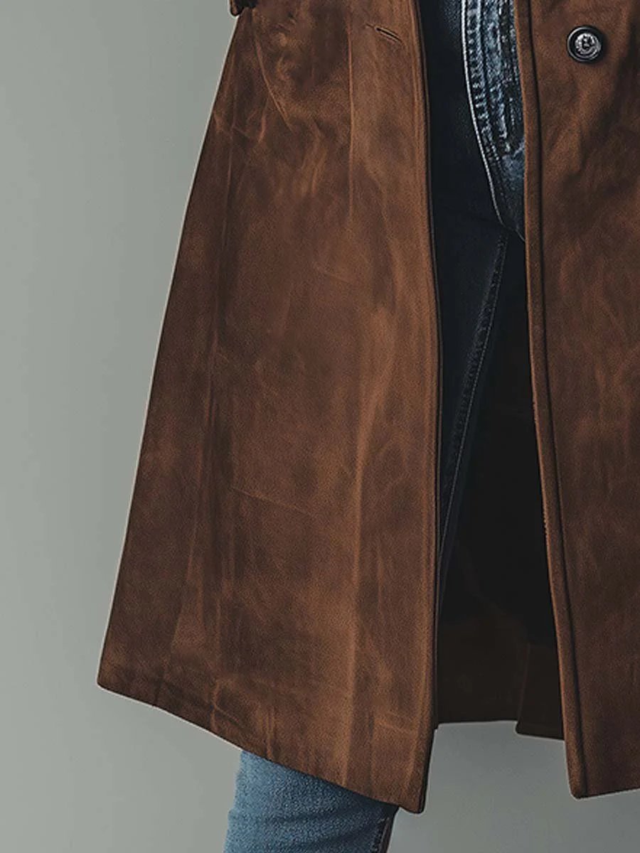 Elegant Suede Longline Coat for Women with Notch Lapel Long Sleeve Button Front Tailored Style