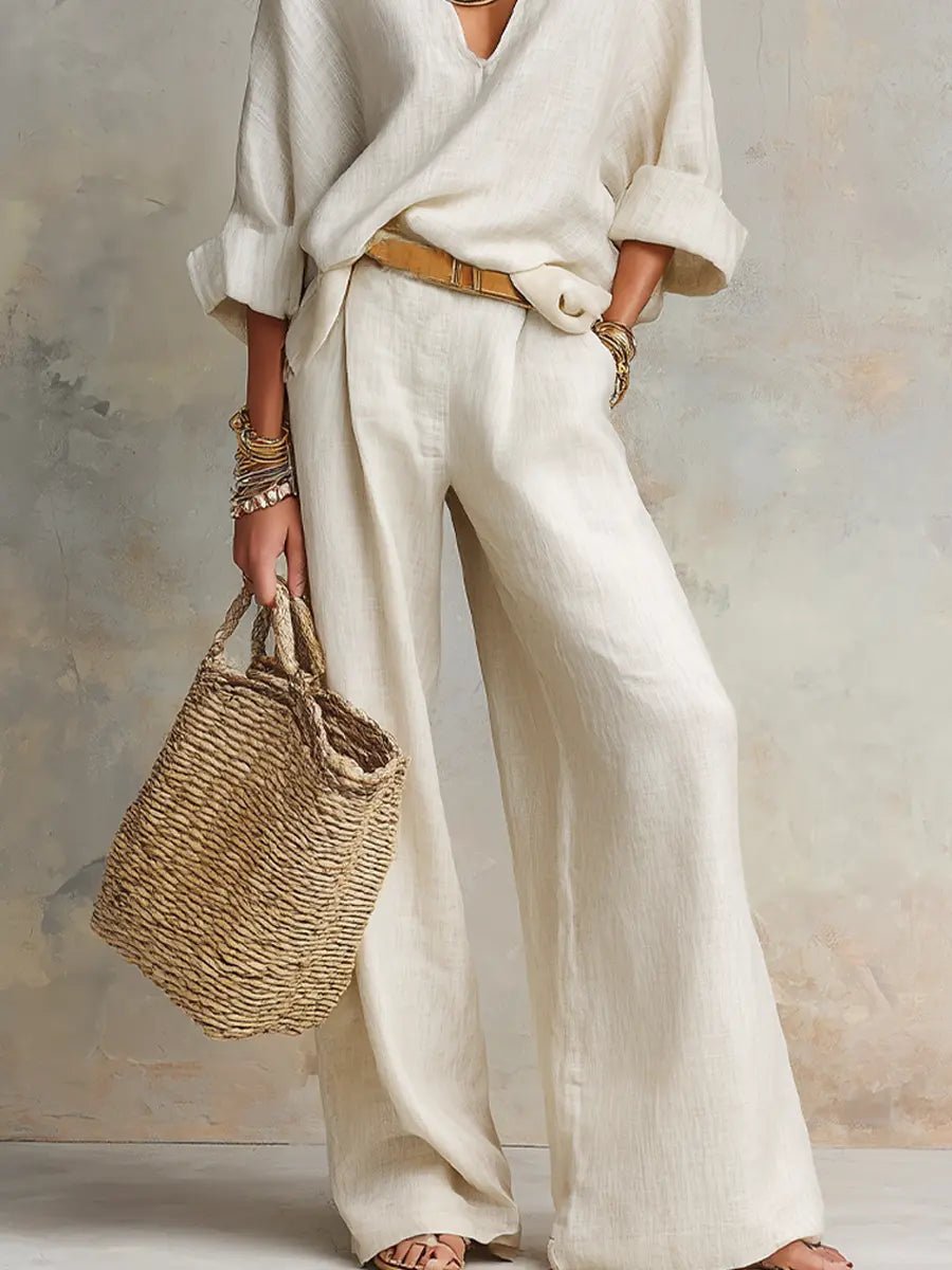 Effortless Wide Leg Set for Women with V Neck Long Sleeve Relaxed Two Piece Style