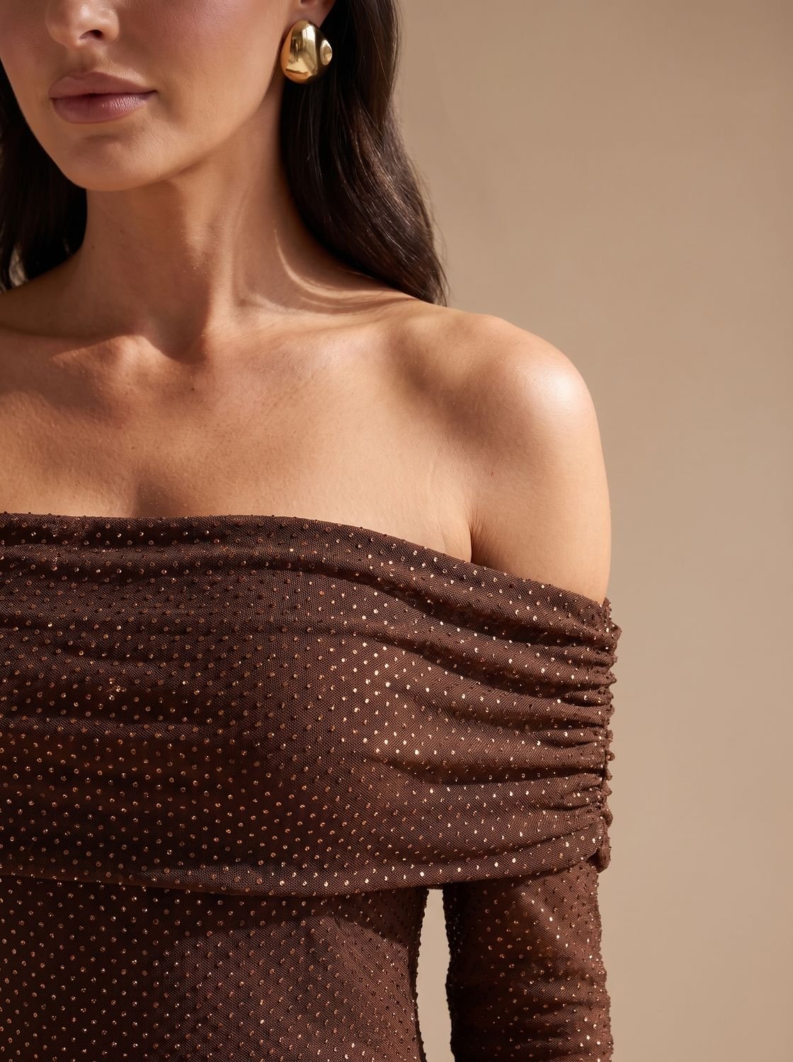 Elegant Brown Sequin Wedding Guest Gown for Women with Off-Shoulder Long Sleeve Floor-Length Fall Style
