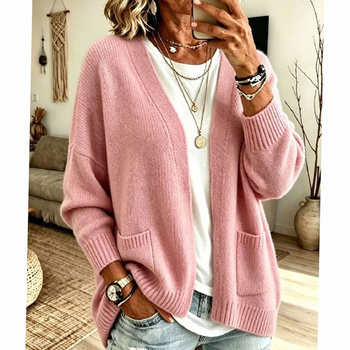Cozy Pink Cardigan for Women with Open Front Long Sleeve Patch Pocket Oversized Style