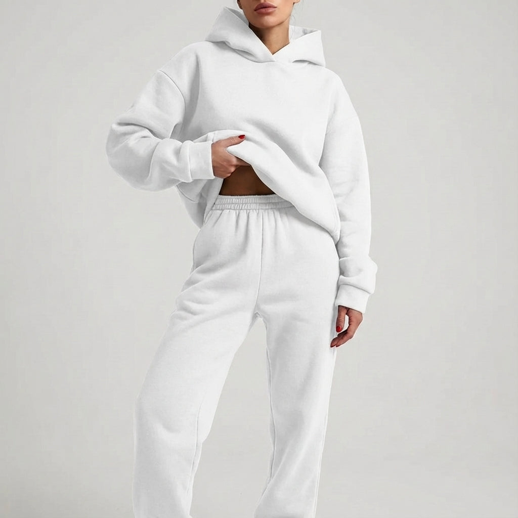 Comfortable Grey Fleece Hoodie Two Piece Set for Women with Cropped Long Sleeve Jogger Pant Relaxed Style