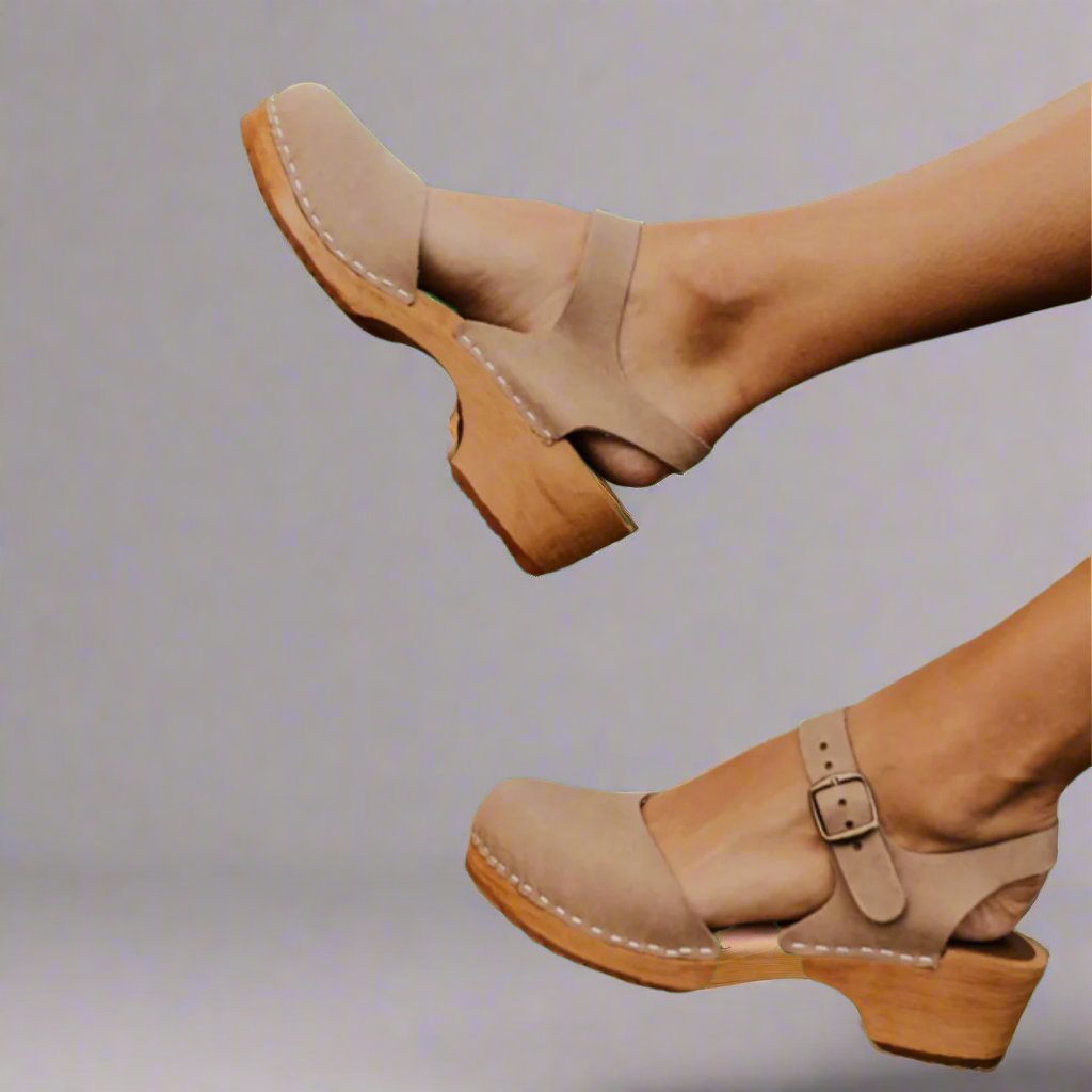 Comfortable Platform Clogs for Women with Wooden Heel Closed Toe Ankle Strap Style