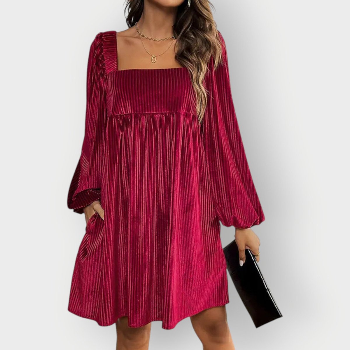 Elegant Red Dress for Women with Square Neck Long Sleeve Velvet Pleated Flowing Style