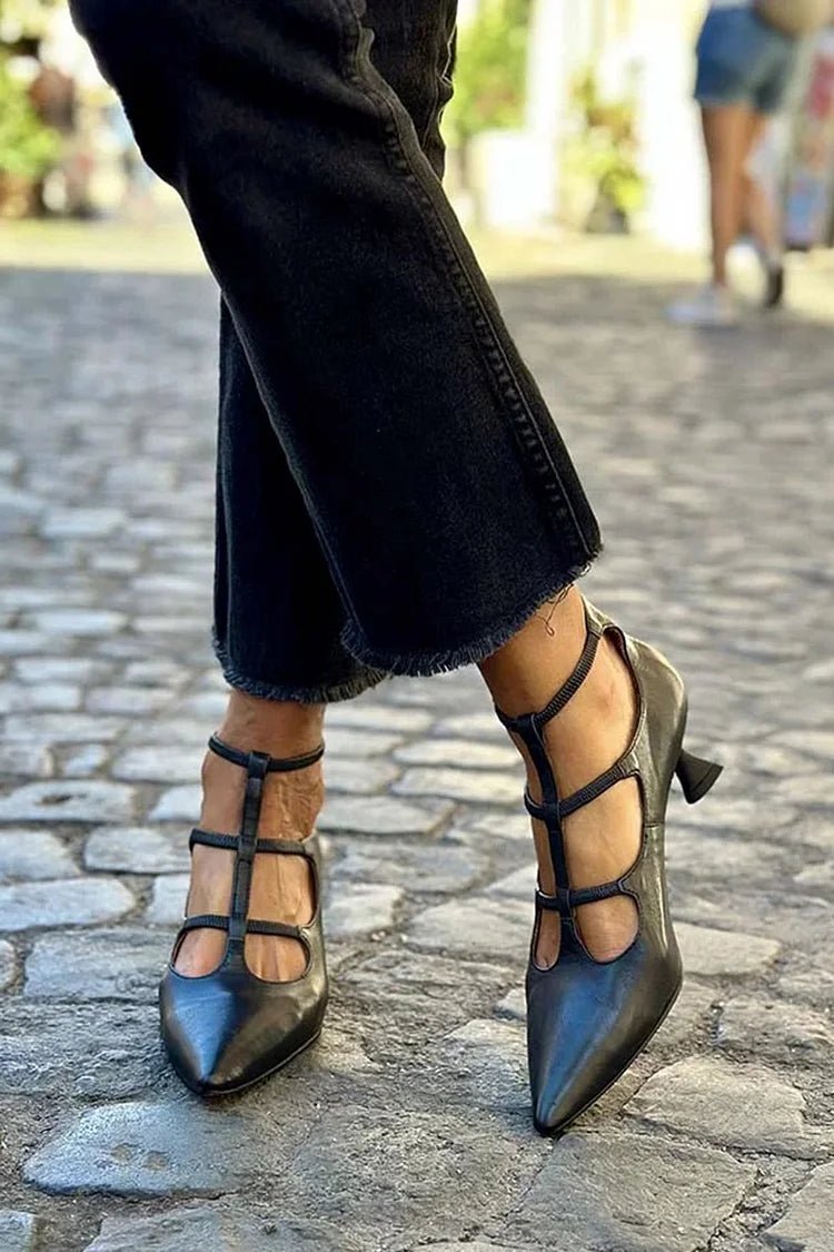 Elegant Black Wedding Shoes for Women with Cage Strap Pointed Toe Kitten Heel Style
