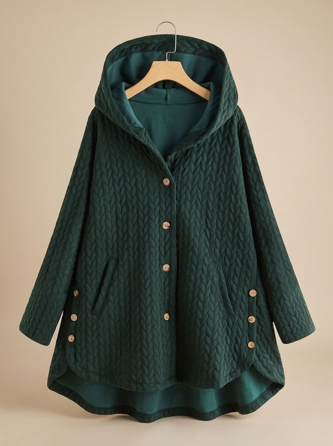 Cozy Quilted Hooded Coat for Women with Button Front Long Sleeve Asymmetric Cable-Knit Oversized Style