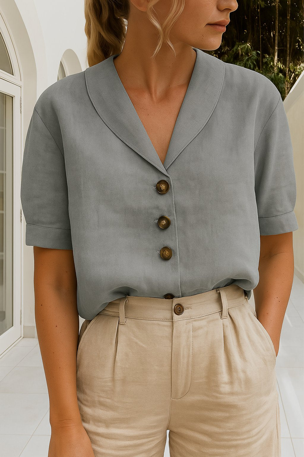 Effortless Blouses for Women with Button Front Shawl Collar Short Sleeve Relaxed Fit