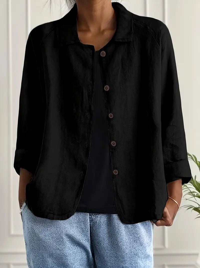 Effortless Black Shirt for Women with Collar Long Sleeve Button Front Linen Relaxed Style