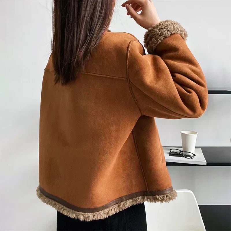Elegant Brown Suede Jacket for Women with Stand Collar Long Sleeve Shearling Trim Cropped Style
