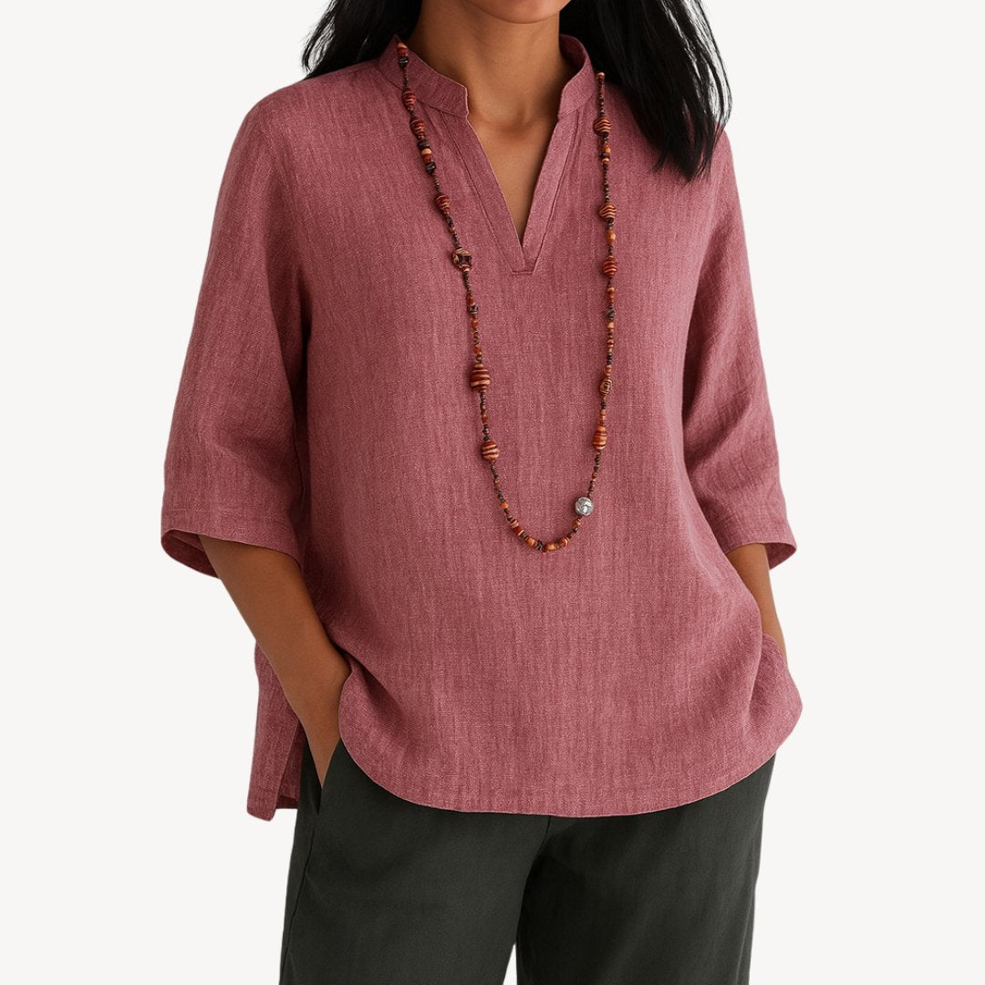 Effortless Linen Blouses for Women with V-Neckline Elbow Sleeve Relaxed Tunic Style
