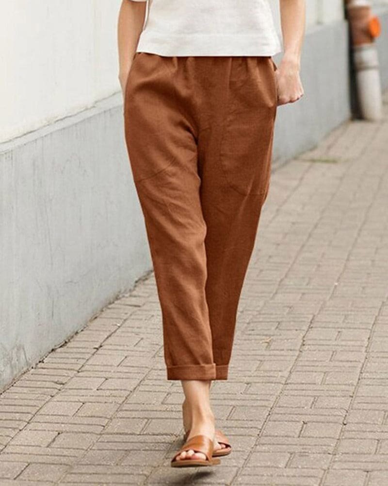 Effortless Linen Pants for Women with Elastic Waist Tapered Cuffed Hem Relaxed Style