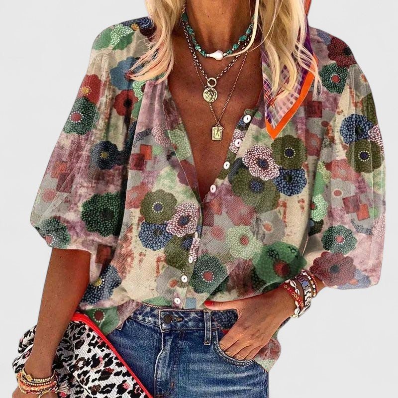 Effortless Green Blouses for Women with Floral Print V-Neckline Button-Down Style