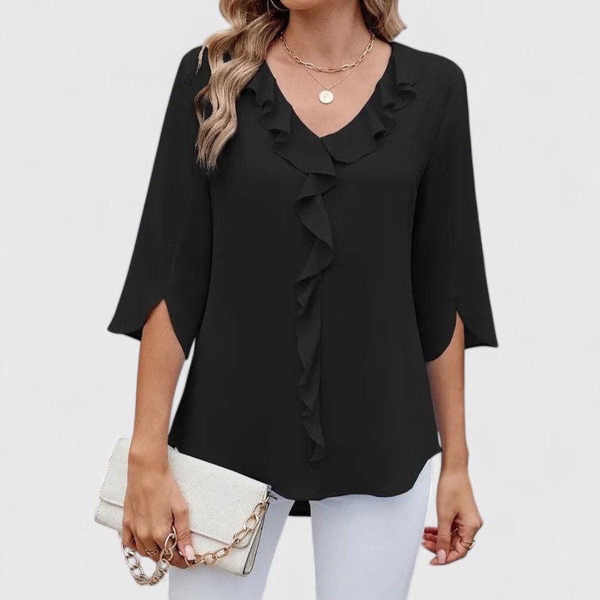 Elegant Black Top for Women with V Neck Ruffle Trim Elbow Sleeve Relaxed Style