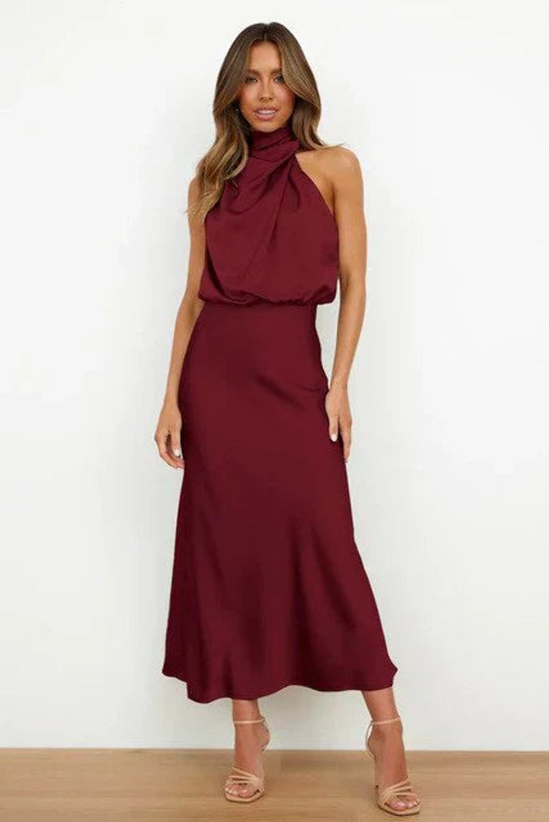 Elegant Satin Red Dress for Women with Halter Neck Sleeveless Draped Midi Cocktail Style