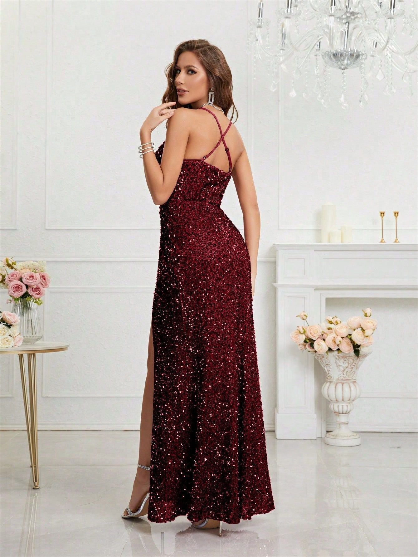 Elegant Champagne Sequin Dress for Women with V Neck Spaghetti Strap High Slit Mermaid Style