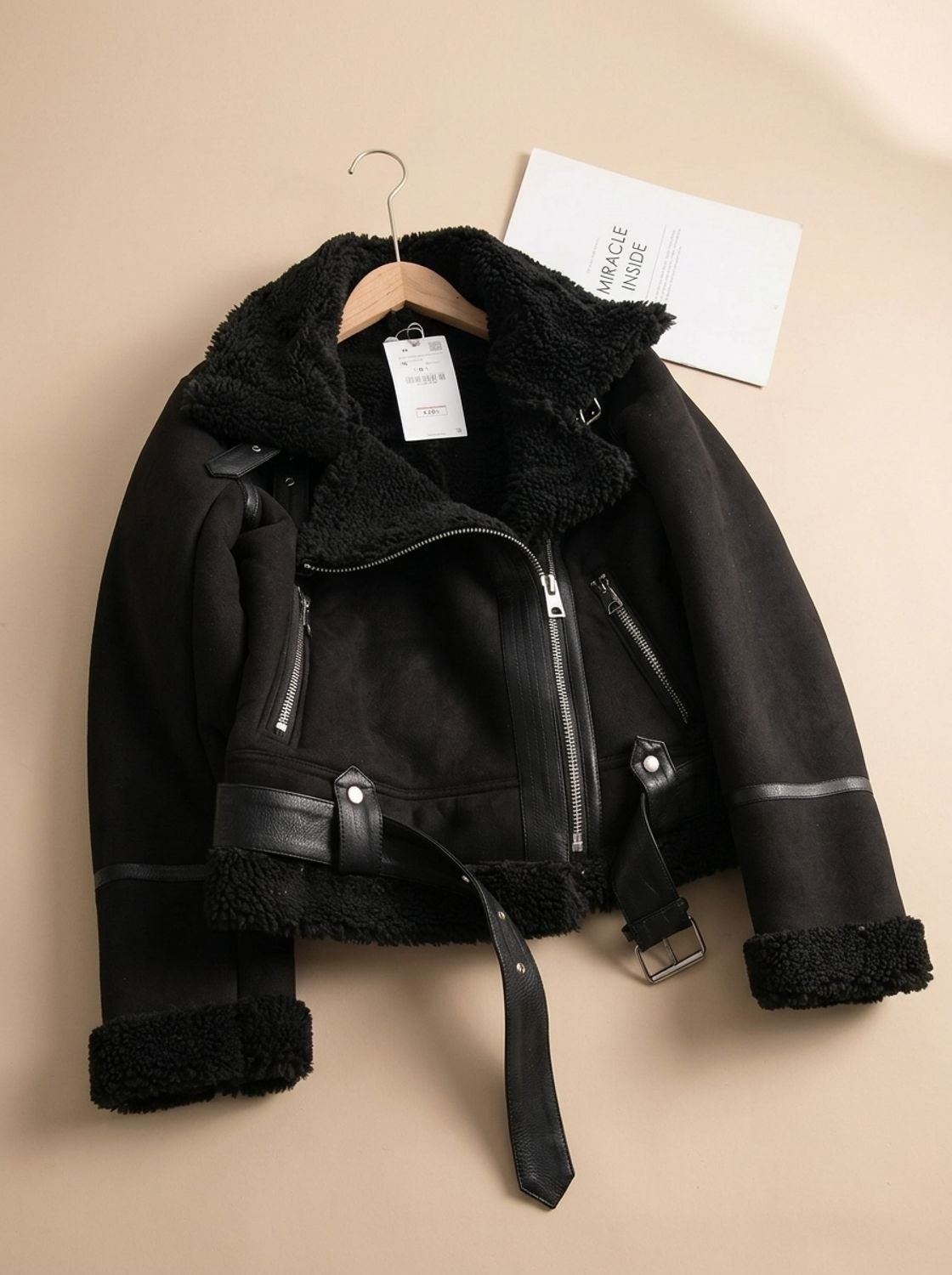 Cozy Faux Suede Shearling Moto Jacket for Women with Notch Collar Long Sleeve Belted Asymmetric Zip Style