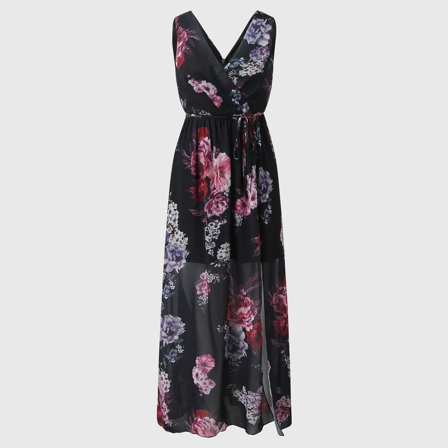 Elegant Wedding Guest Dress for Women with V Neck Sleeveless Floral Side Split Maxi Style
