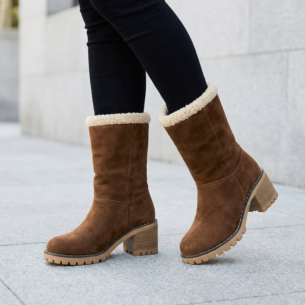 Warm Black Snow Boots for Women with Faux Fur Cuff Block Heel Slip On Winter Snowproof Style
