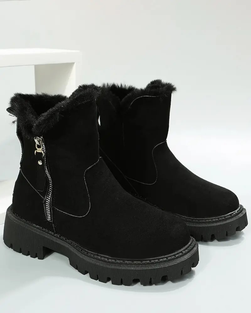 Cozy Black Ankle Boots for Women with Fleece Lining Side Zip Lug Sole Style