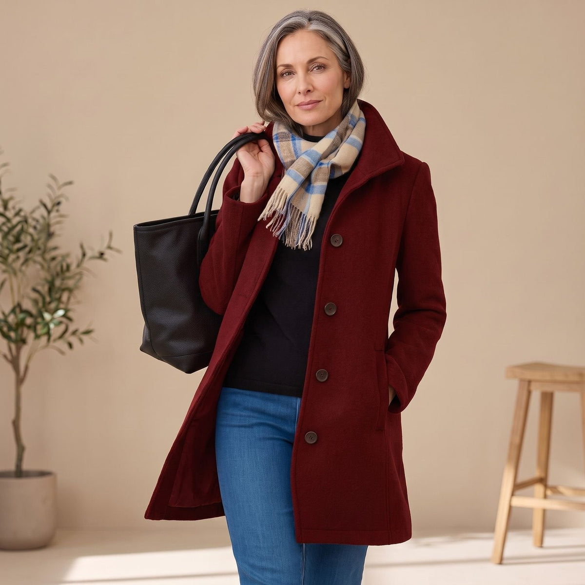 Elegant Green Wool Coat for Women with Notched Lapel Button Front Long Sleeve Midi Pea Coat Style
