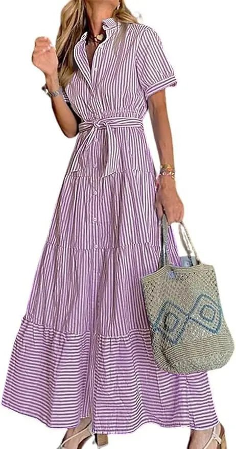 Effortless Striped Maxi Dress for Women with Collared Neck Short Sleeve Belted Casual Style