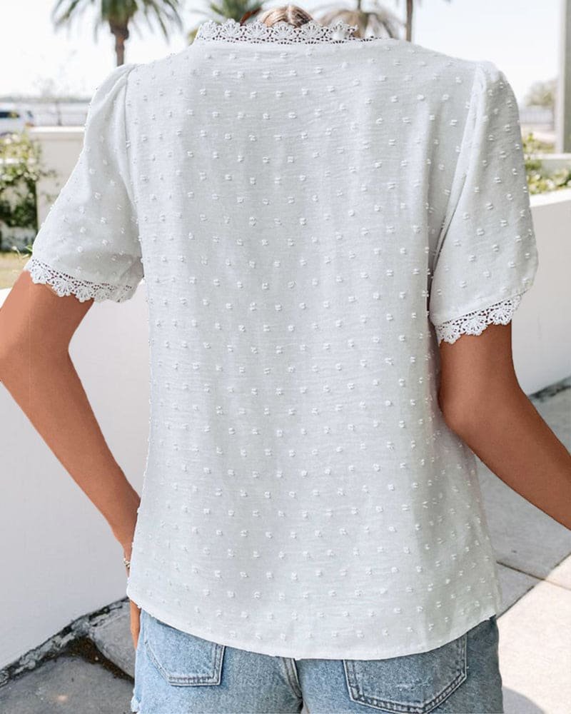 Effortless White Blouses For Women with Lace Trim Yoke Swiss Dot Short Sleeve Casual Style