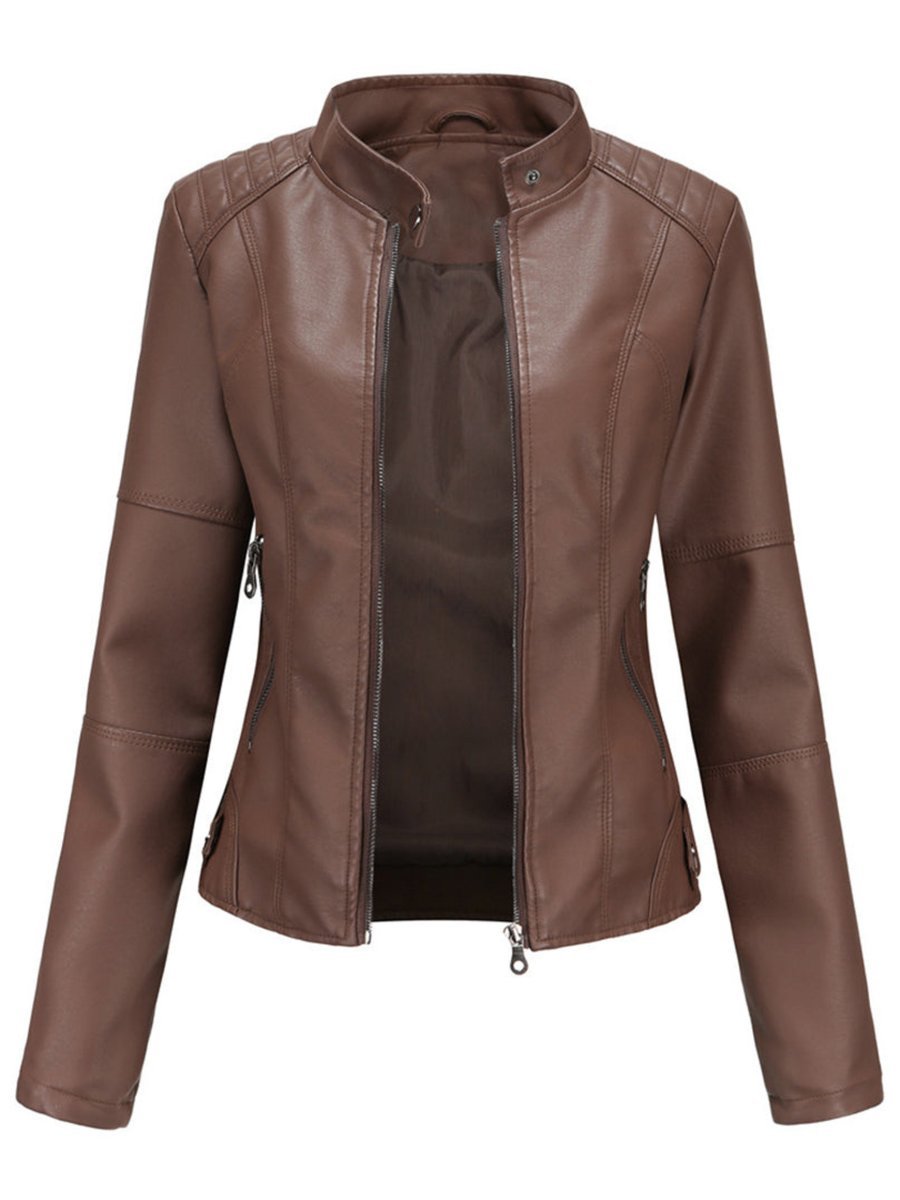 Elegant Faux Leather Jacket for Women with Stand Collar Long Sleeve Zip Front Fitted Moto Style