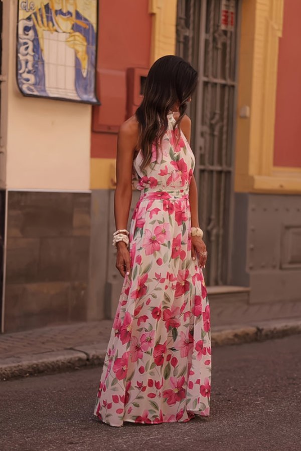 Elegant Pink Dress for Women with Halter Neck Sleeveless Floral Maxi Tiered Flowing Bohemian Style
