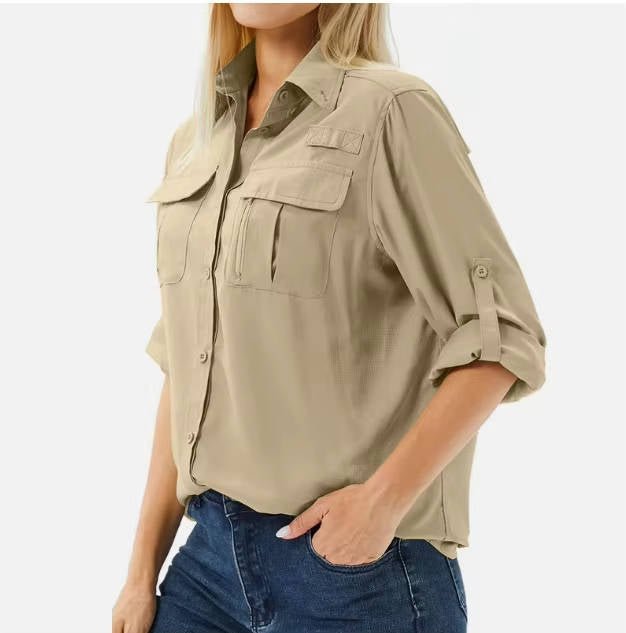 Effortless Utility Shirt for Women with Collar Roll Tab Sleeve Cargo Pocket Casual Style
