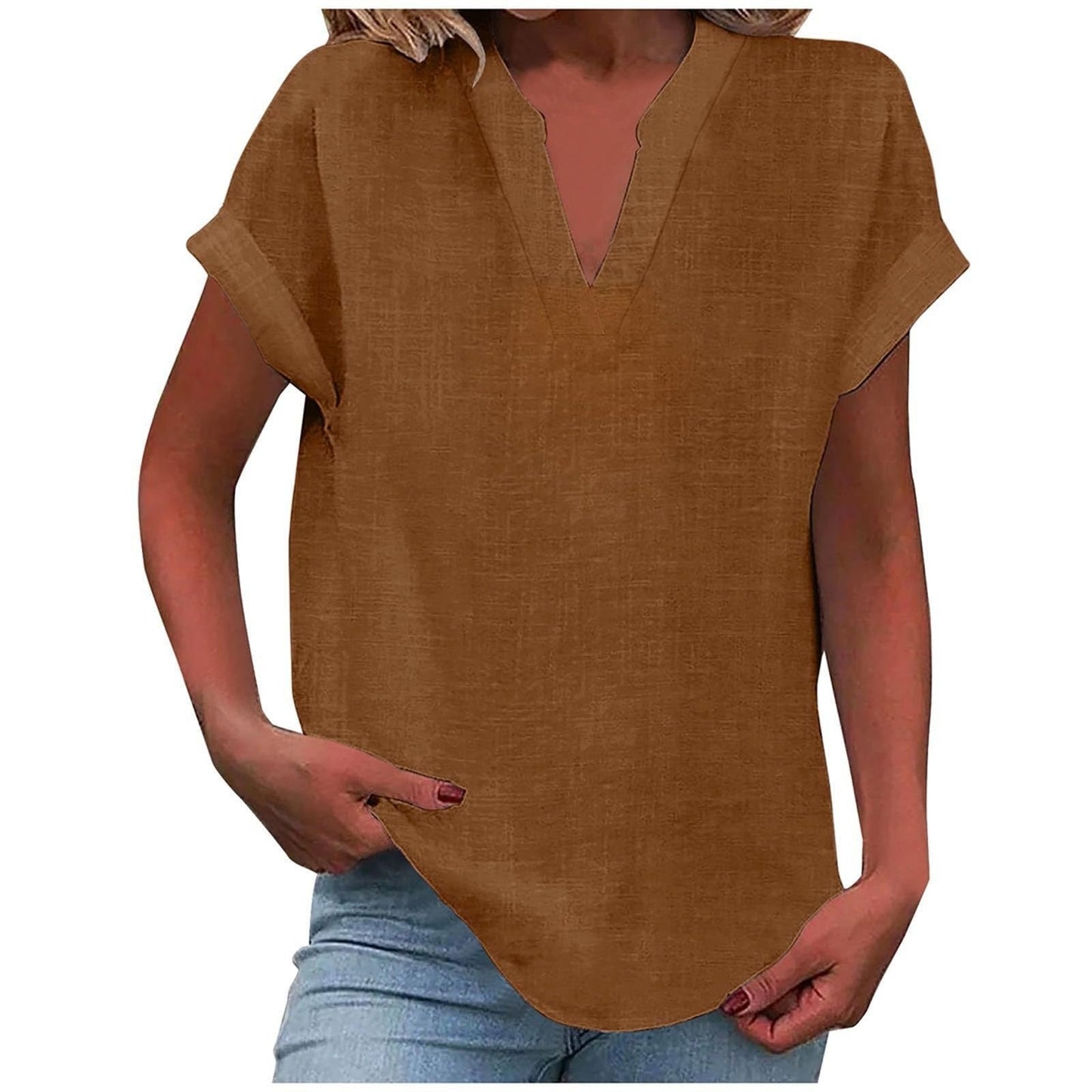 Comfortable V Neck Blouses for Women with Short Sleeve Relaxed Soft Linen Casual Style