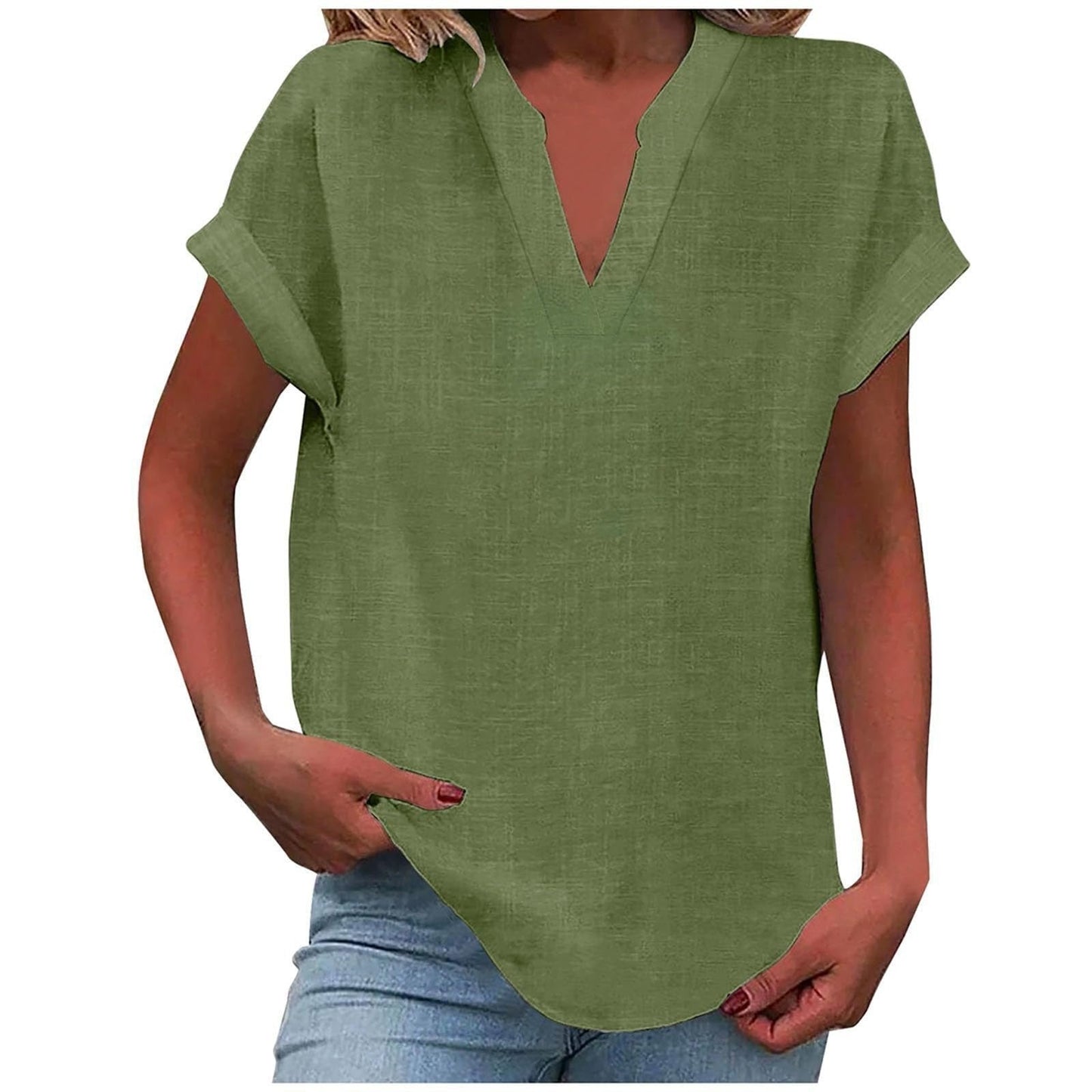 Comfortable V Neck Blouses for Women with Short Sleeve Relaxed Soft Linen Casual Style