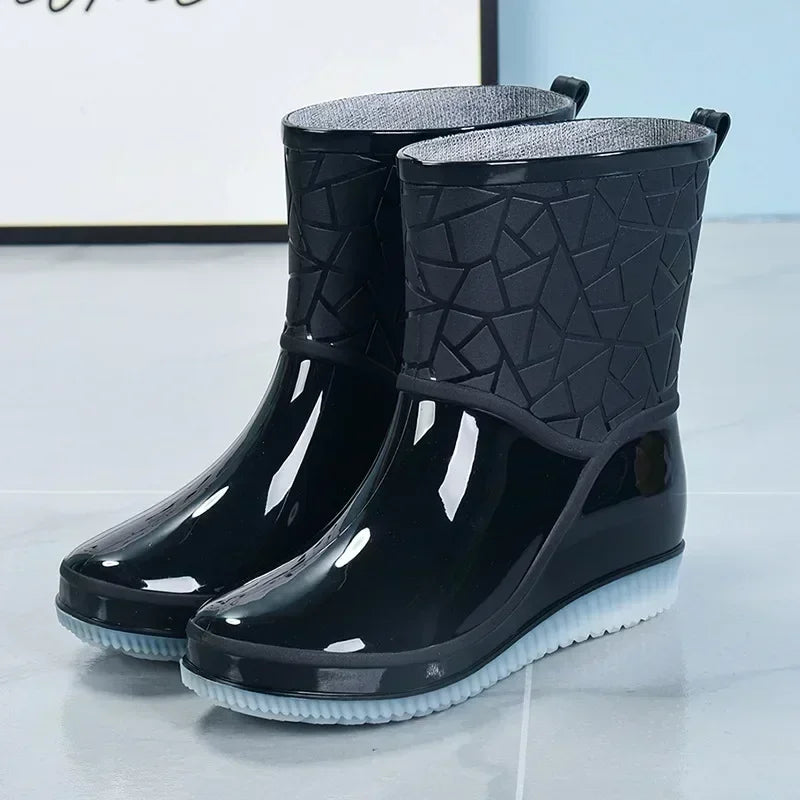 Stylish Textured Rain Boots for Women with Waterproof Pull Tab Mid Calf Style