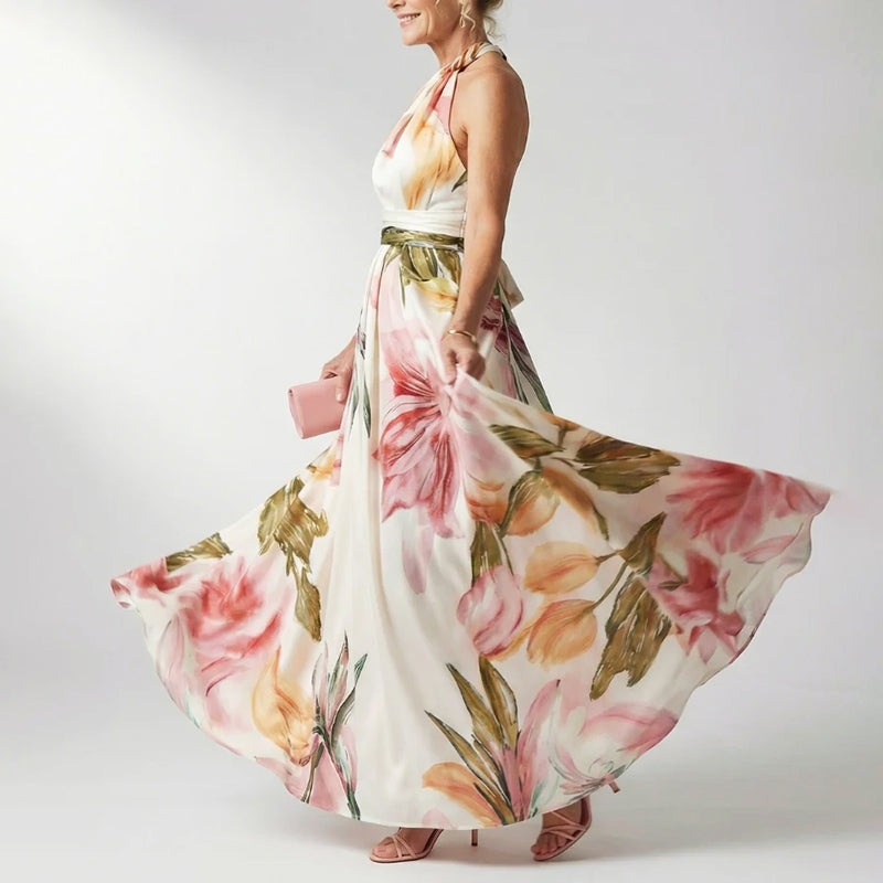Elegant Floral Fall Wedding Guest Dress for Women with One Shoulder Halter Belted Flowing Style