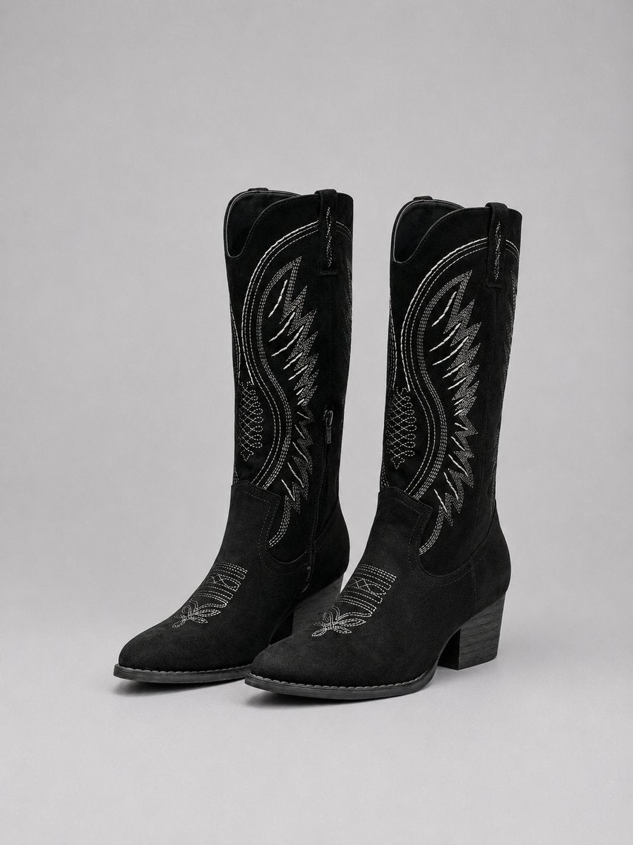 Stylish Cowgirl Boots for Women with Embroidered Suede Pointed Toe Block Heel Western Style