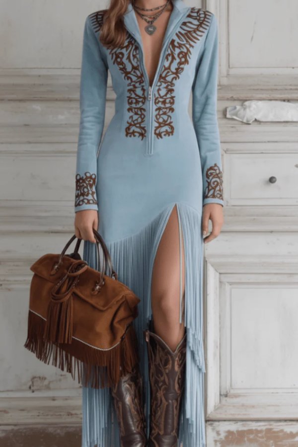 Elegant Maxi Dress for Women with Western Fringe Hem Long Sleeve Evening Gown Style