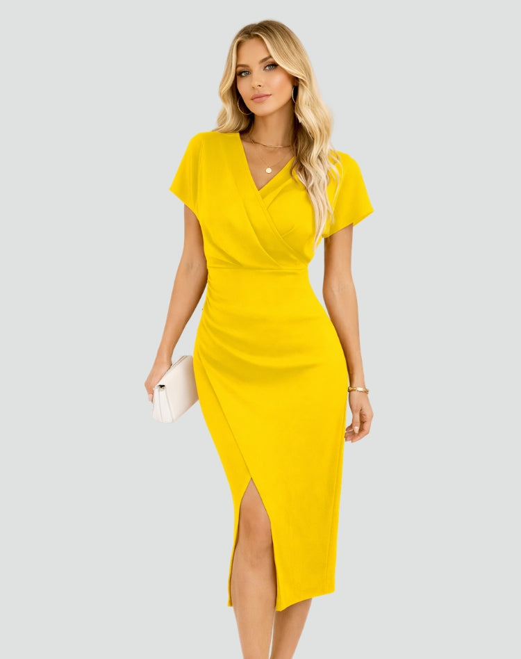 Elegant Wrap Cocktail Dress for Women with V Neck Cap Sleeve Ruched Slit Bodycon Style