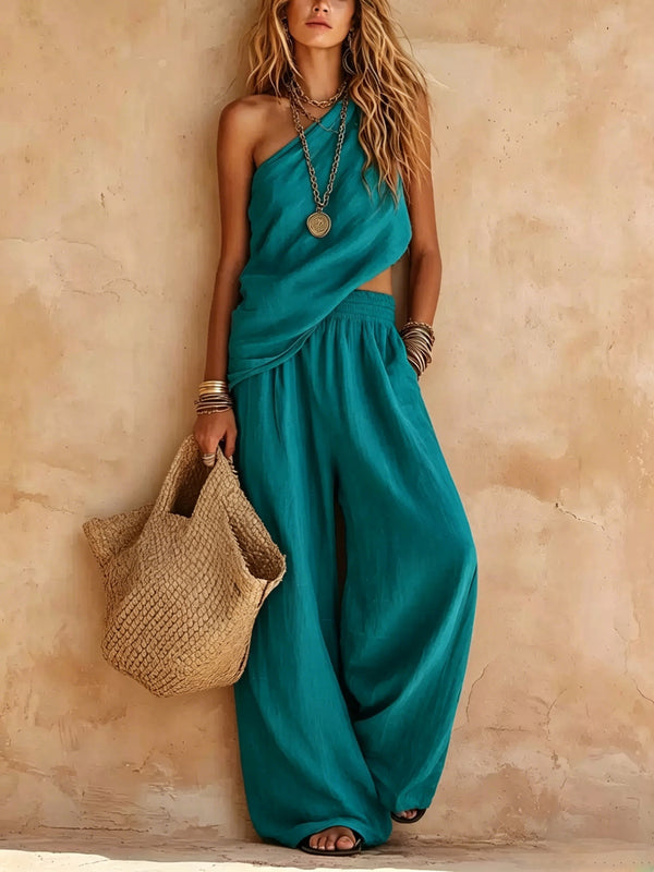 Effortless One Shoulder Jumpsuit for Women with Draped Wide Leg Flowing Style