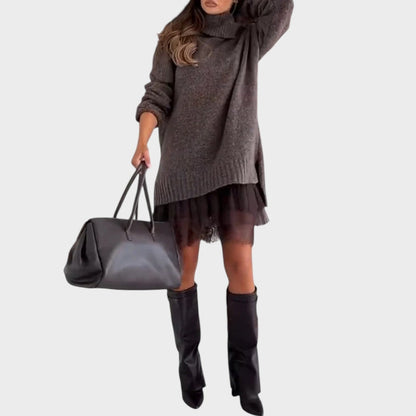 Comfortable Oversized Sweater Dress for Women with Turtleneck Long Sleeve Lace Hem Knit Style