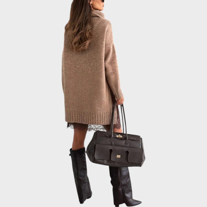 Comfortable Oversized Sweater Dress for Women with Turtleneck Long Sleeve Lace Hem Knit Style