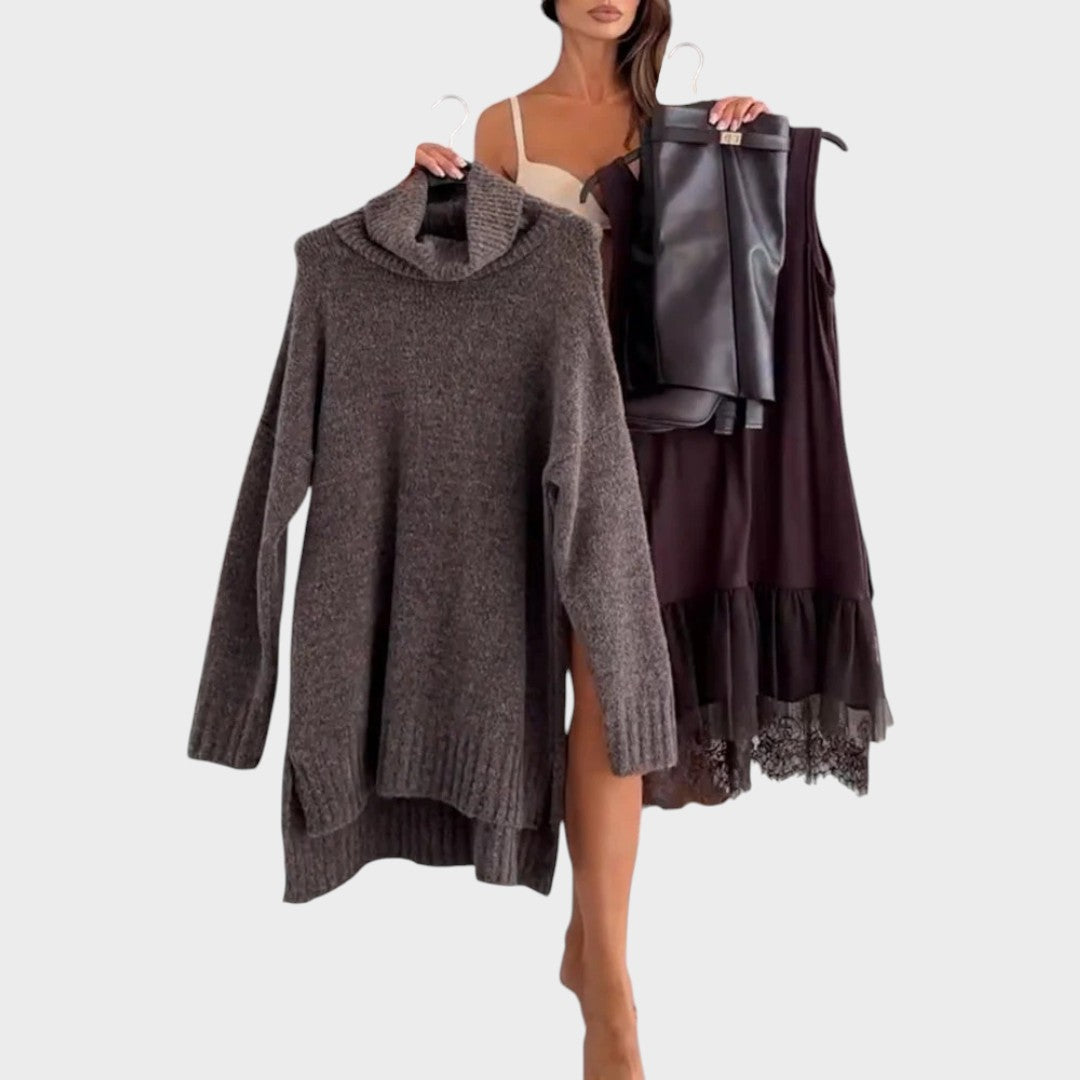 Comfortable Oversized Sweater Dress for Women with Turtleneck Long Sleeve Lace Hem Knit Style