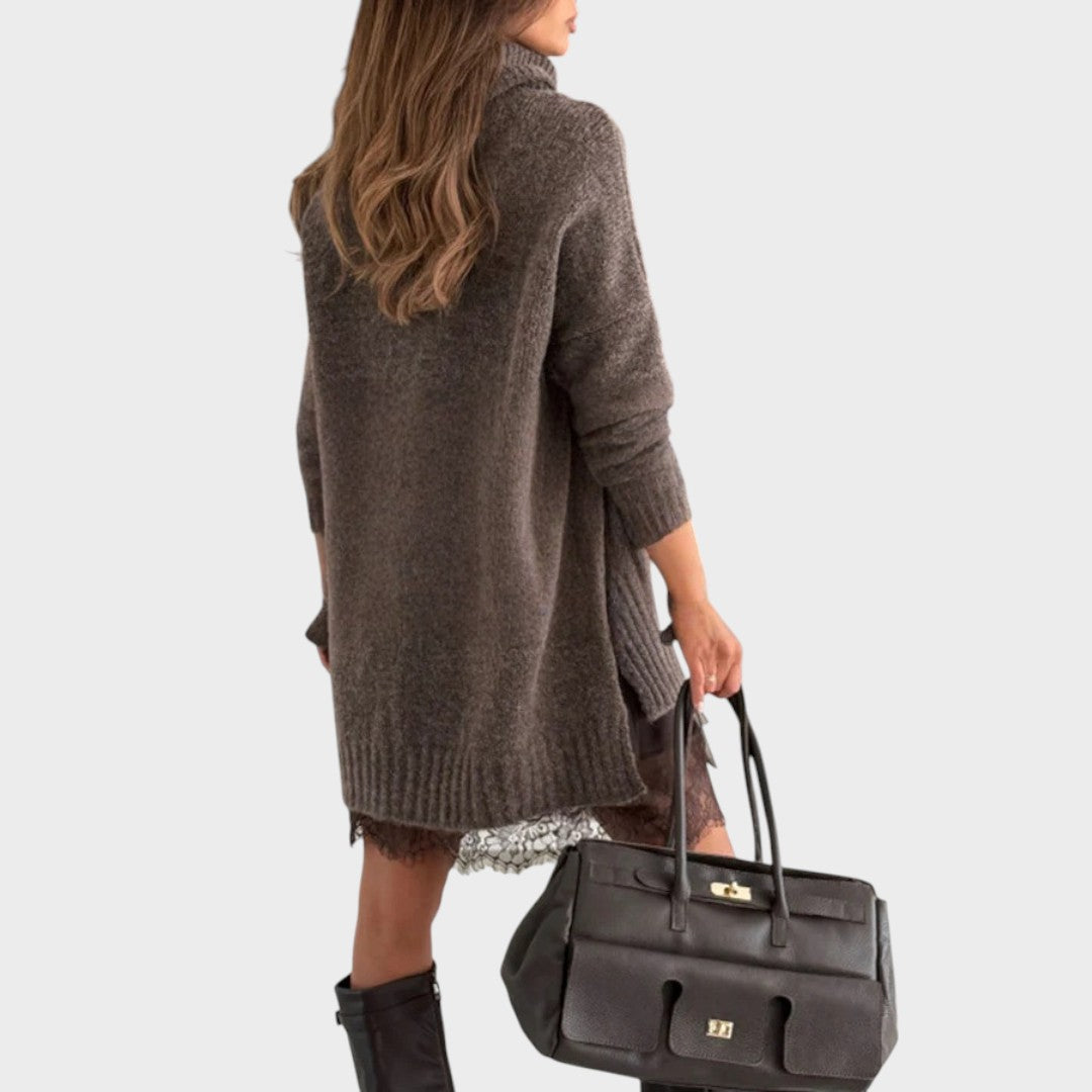 Comfortable Oversized Sweater Dress for Women with Turtleneck Long Sleeve Lace Hem Knit Style