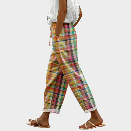 Effortless Multicolored Plaid Linen Pants for Women with High Waist Drawstring Cuffed Tapered Relaxed Style