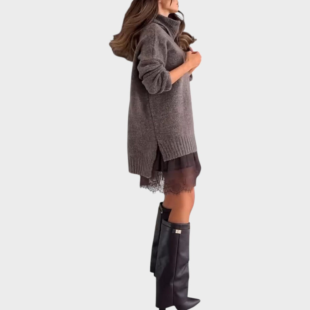 Comfortable Oversized Sweater Dress for Women with Turtleneck Long Sleeve Lace Hem Knit Style