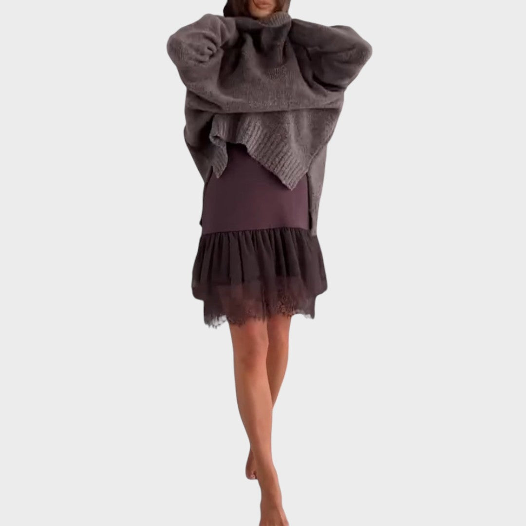 Comfortable Oversized Sweater Dress for Women with Turtleneck Long Sleeve Lace Hem Knit Style