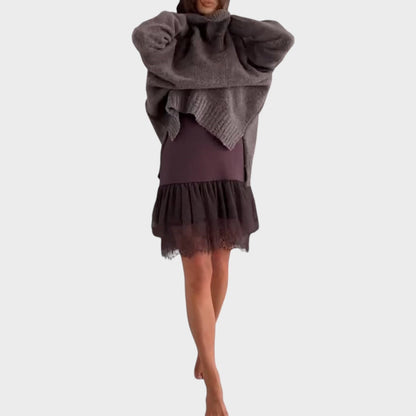 Comfortable Oversized Sweater Dress for Women with Turtleneck Long Sleeve Lace Hem Knit Style