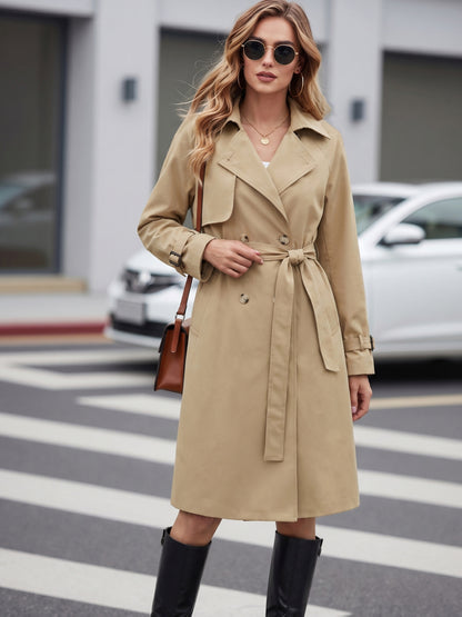 Elegant Khaki Trench Coat for Women with Lapel Collar Belted Waist Double Breasted Style