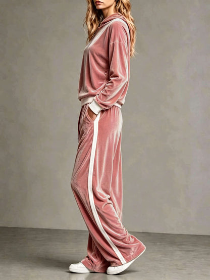 Cozy Velvet Colorblock Sweatsuit for Women with Hooded Long Sleeve Wide Leg Drawstring Two Piece Style