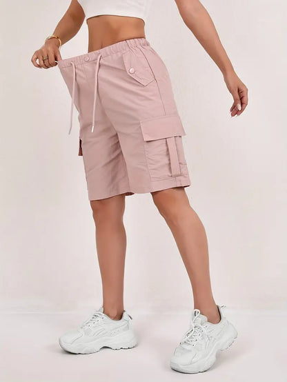 Effortless Pink Cargo Shorts for Women with High Waist Drawstring Button Pocket Relaxed Casual Style