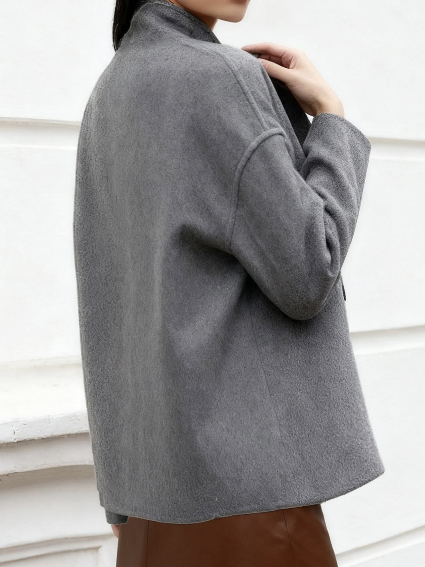 Elegant Wool High Pea Coat for Women with Stand Collar Long Sleeve Double Breasted Cropped Style