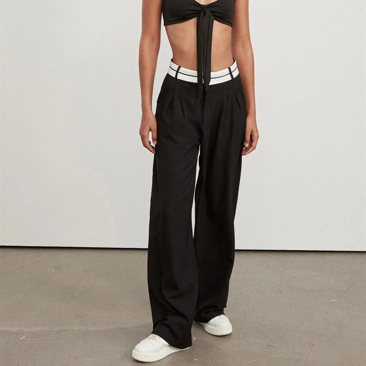 Effortless Wide Leg Pants for Women with High Waist Contrast Waistband Pleated Tailored Style